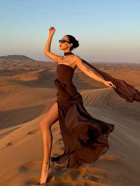 Elegant Solid Pleated Maxi Dress for Women with Sexy Sleeveless Off Shoulder Design and High Slit Party Wear